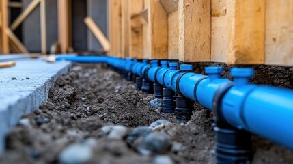 Blue pipes installed outdoors during new home construction