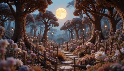 Enchanting Moonlit Path Fantasy Forest Scene with Flowers and Wooden Fence