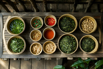 Authentic Burmese Tea Leaf Salad Ingredients in Wooden Bowls Display