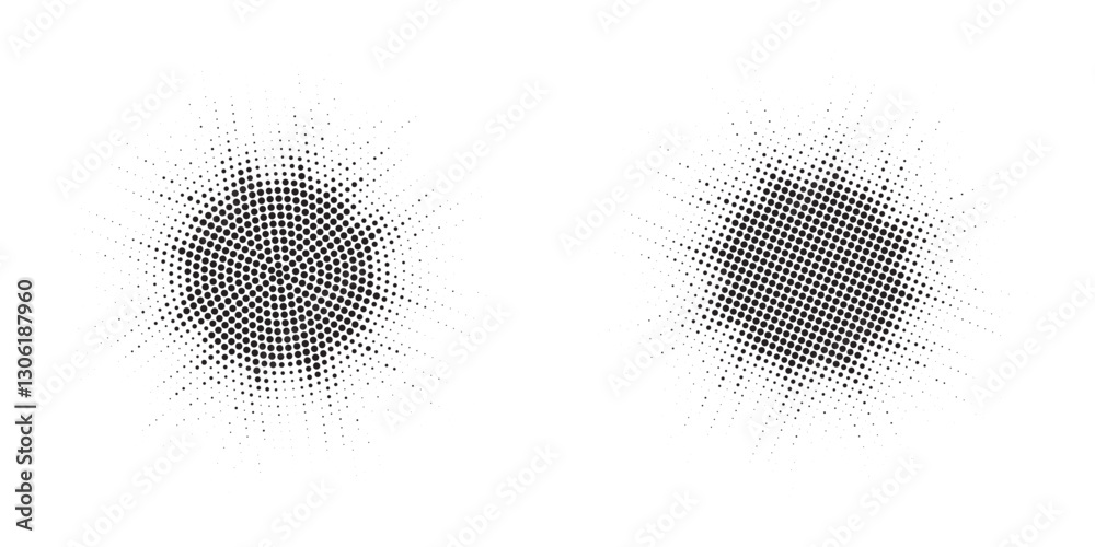 Poster Set of black halftone grunge circle. Vector modern dots halftone arts. Halftone circle frame background set. Round border Icon using halftone random circle. Grunge circular stain. Vector illustration.