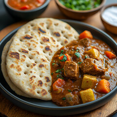 Authentic Canjeero Flatbread with Savory Meat and Vegetable Curry Dish Close-up