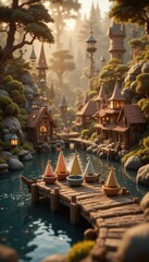 Fototapeta premium Enchanting Fairytale Village at Sunset with Colorful Toy Boats Docked at Wooden Pier