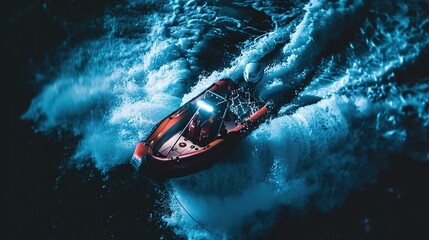 Fototapeta premium Small boat in stormy sea rescuing person from water, spotlight illuminates rescue action, waves crashing, urgent and relieved reaching for help.