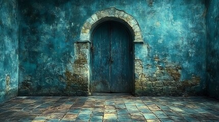 Fototapeta premium Mysterious Teal Doorway: Aged stone walls softly lit creating a tranquil moody atmosphere.. AI Generated