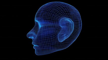 Obraz premium Blue Wireframe Model of Human Head Profile on Black Background
