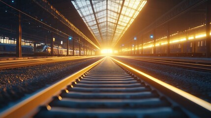 Fototapeta premium Golden sunset train station tracks, railways, transportation, journey, travel, hope, future, platform