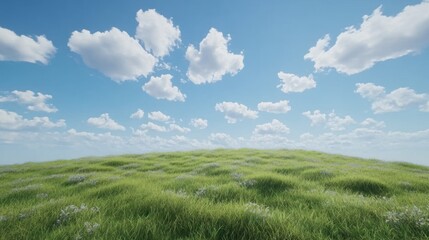 Fototapeta premium Sunny meadow, rolling hills, blue sky, fluffy clouds, idyllic landscape, nature background