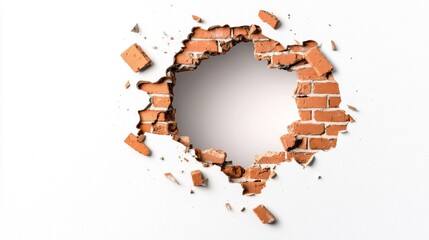 Broken Wall with Exposed Brick and White Background Displaying Damage