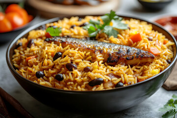 Authentic Gambian Benachin Dish with Fish, Rice, and Vegetables Presentation