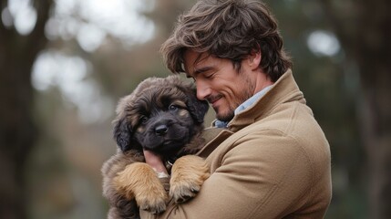 Man gently holding a cute puppy. AI.