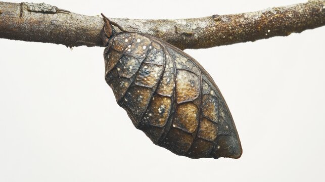Chrysalis metamorphosis twig nature insect background white