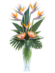 Fototapeta premium Tropical Breeze (Birds of Paradise Protea Palm Leaves) bold, large vase filled with crystal-clear water, holding a stunning