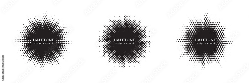 Aufkleber Set of black halftone grunge circle. Vector modern dots halftone arts. Halftone circle frame background set. Round border Icon using halftone random circle. Grunge circular stain. Vector illustration.