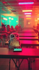 Naklejka premium Owl using a tablet in a classroom. AI.