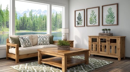 Fototapeta premium Modern Rustic Living Room with Natural Light and Scenic View
