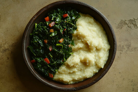 Authentic Kenyan cuisine featuring ugali and sukuma wiki in wooden bowl