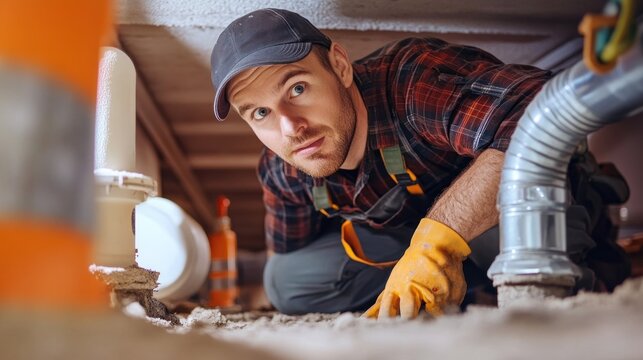 Plumber inspecting pipes under house, construction site