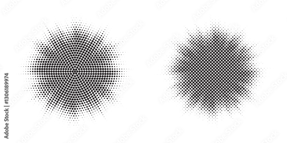 Poster Set of black halftone grunge circle. Vector modern dots halftone arts. Halftone circle frame background set. Round border Icon using halftone random circle. Grunge circular stain. Vector illustration.