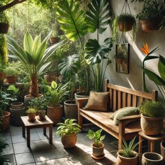 Fototapeta premium Tranquil green patio garden with tropical plants, a wooden bench, and warm sunlight creating a peaceful retreat. Rustic outdoor space filled with lush potted greenery.