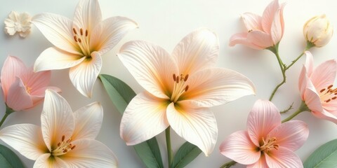 Fototapeta premium Delicate pastel lilies and blossoms arranged artfully on a soft white background, showcasing their elegant petals and subtle color variations in a serene floral composition.