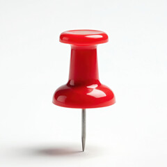 Fototapeta premium Close-up single red push pin with metallic needle isolated on white background. Office supply stationery item for bulletin board, work, organisation, notice, fastener, tack, paper holder.