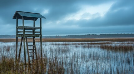Tranquil Wetland Scene with Observation Tower and Misty Sky