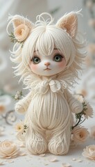 Fototapeta premium Adorable Yarn Cat Doll with Flowers Handmade Craft Cute Kitten Toy