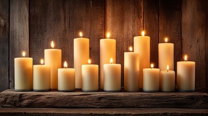 Warm Glow of Candles on Rustic Wooden Background at Night
