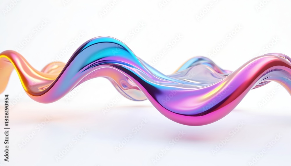 Poster 3D rendering of multi-colored flowing wave shape. Abstract iridescent fluid hologram with neon purple chromatic glow, dynamic liquid metal surface isolated on white background. Generative AI design