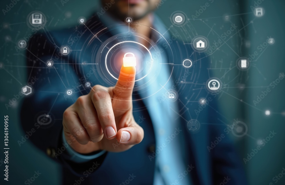 Leinwandbilder Man uses thumb to scan fingerprint for digital processing, biometric identification, accesses security system. Includes internet banking, cloud system, mobile phone with cyber security interface,
