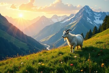 Obraz premium Serene Sunset A lone, majestic goat peacefully grazes in a vibrant alpine meadow, bathed in the golden light of the setting sun, overlooking a breathtaking mountain panorama.