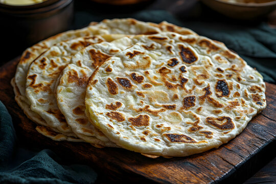 Authentic norwegian lefse stack on a rustic wooden board for traditional meals