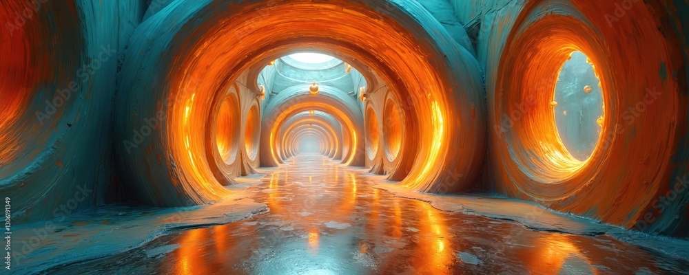 Poster abstract architecture resembling portal to another dimension. many orange lit circles in blue futuri