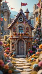 Fototapeta premium Enchanting Cottage Garden Stone Path to Fairytale House with Flowers