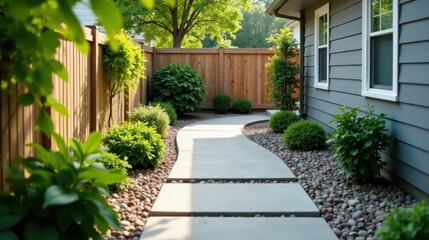 Serene Backyard Pathway Design Featuring a Winding Concrete Walkway and Lush Greenery Adjacent to a Wooden Fence and a House