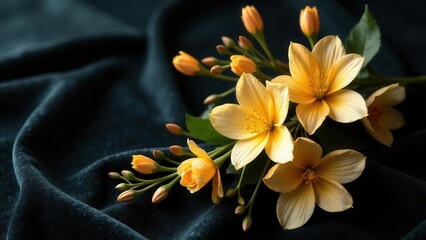 Obraz premium Delicate yellow blossoms arranged on dark fabric, showcasing their soft petals and vibrant centers, creating a serene and elegant floral composition.