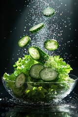 Fresh cucumber salad with water droplets. AI.