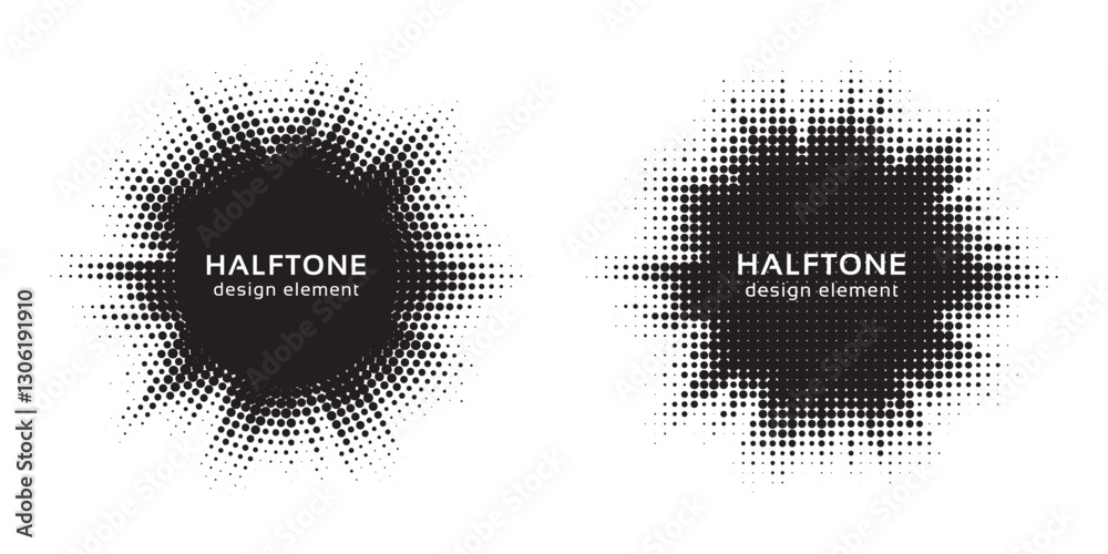 Aufkleber Set of black halftone grunge circle. Vector modern dots halftone arts. Halftone circle frame background set. Round border Icon using halftone random circle. Grunge circular stain. Vector illustration.