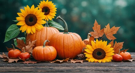 Autumn Harvest: Sunflowers, Pumpkins, and Fall Leaves in Rustic Still Life