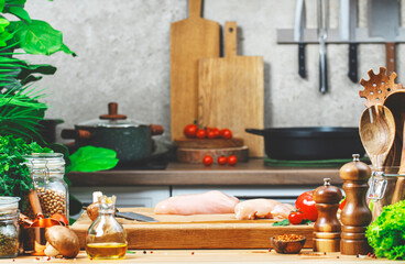 From farm to table: rustic kitchen with organic goodness, food background. Raw chicken fillet on cutting board with sliced eggplants,  mushrooms, tomatoes, lettuce, broccoli on cozy kitchen