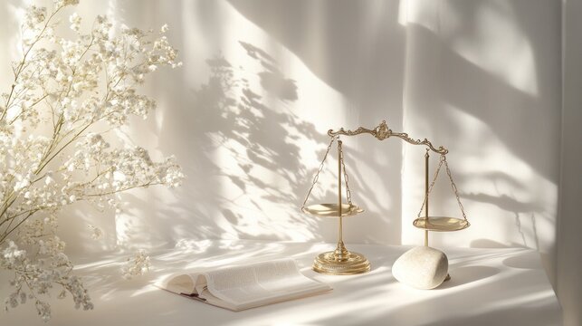 Fototapeta Golden scales, book, flowers, sunlight, minimalist scene