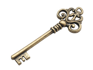 Antique ornate key, isolated on black background.