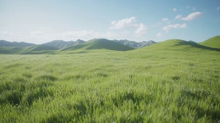 Fototapeta premium Sunny grassland, rolling hills, peaceful landscape, background mountains, nature website