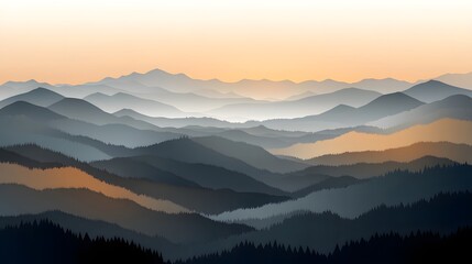 Obraz premium Serene Sunset Over Mountain Range with Layers of Mist and Silhouettes in Summer Forest Landscape for Nature Lovers