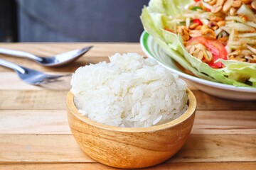 Papaya salad spicy and sticky rice Thai food