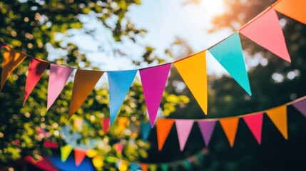 Colorful bunting flags outdoor party sunny garden celebration