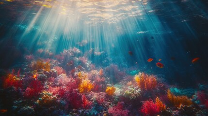 Fototapeta premium Vibrant coral reef, sunlit ocean floor, fish swimming, underwater paradise, travel brochure