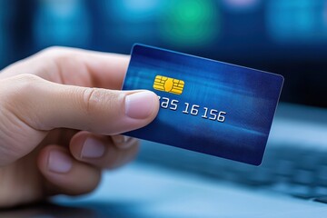 Digital Transformation of Transactions: Hand Holding Credit Card with Holographic Purchase Details