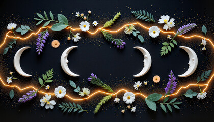 Whimsical celestial decorative moon phase arrangement with flowers on a cosmic background