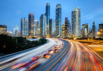 Obraz premium Cityscape at Dusk with Time Lapse of Traffic on Highway Leading to Urban Downtown Area